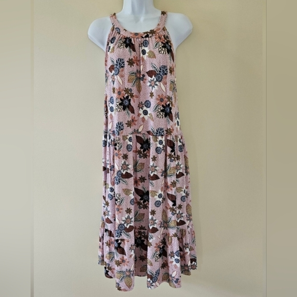 LOFT Pink Floral Sleeveless Halter Tiered Swing Dress Size 14 - Picture 3 of 12
